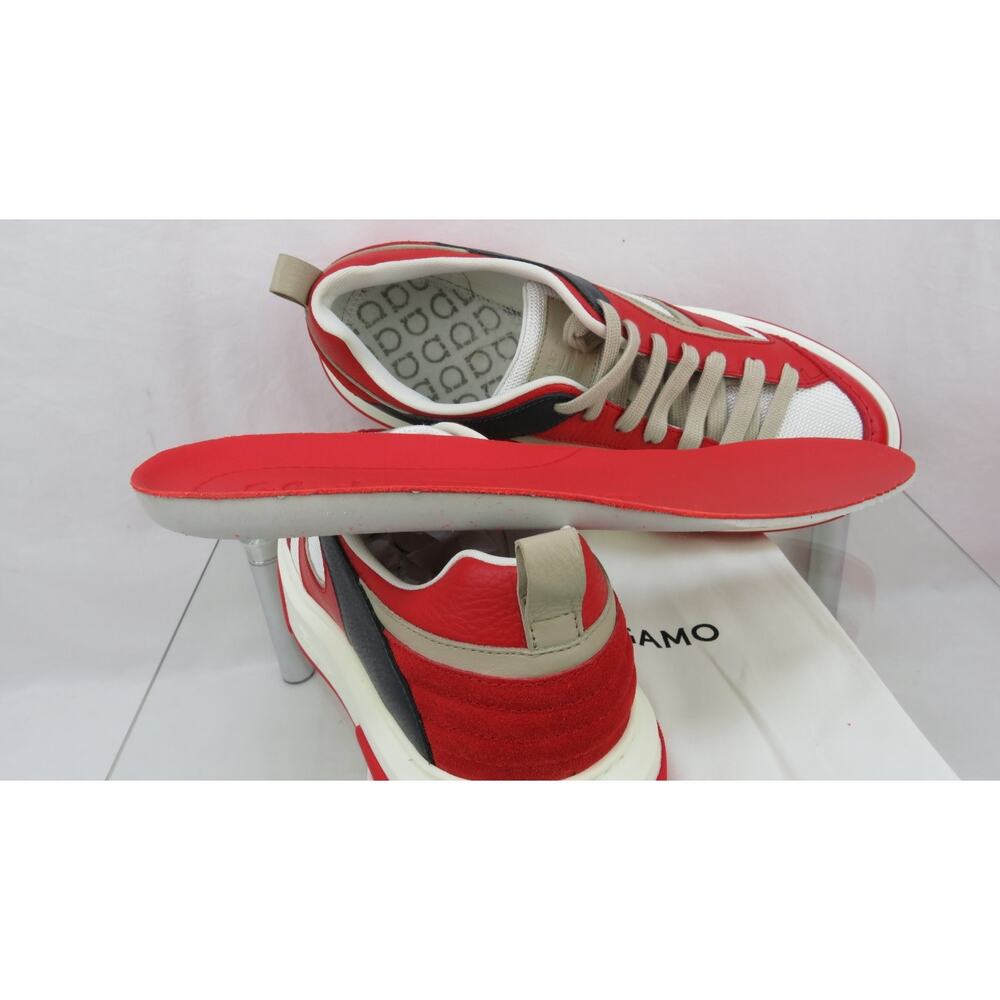 NIB FERRAGAMO CASSINA RED BLACK LEATHER LOGO LACE UP SNEAKERS 12 M ITALY - Picture 9 of 13